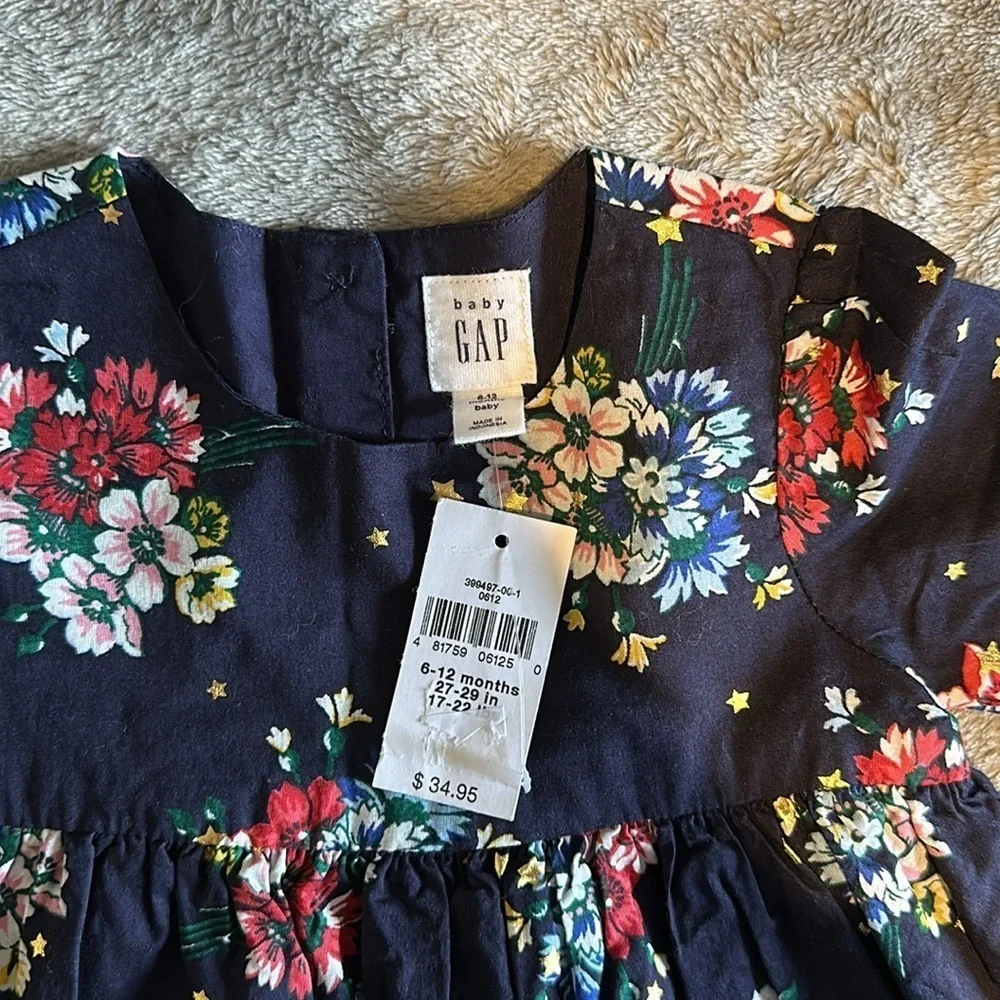NWT Dark Blue Baby Gap dress flowers with gold stars Size 6-12m